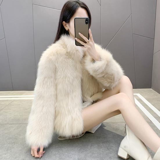 Осень-зима, женский кардиган, пальто, пушистый плюшевый воротник-стойка, сохраняющий тепло, длинные рукава, утолщенный, короткий, однотонный, из искусственного меха