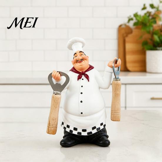 Solid Resin Kitchen Figurine Chef Figurine, Countertop Table Decoration, Funny Statue with Props Seasoning Bottle/Bottle Opener/Message Board