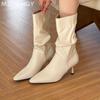 Women Pointed Toe Snow Mid Calf Boots Leather Sexy High Heels Pleated Shoes Woman 2024 Trend Winter Elegant Pumps Mujer Botas