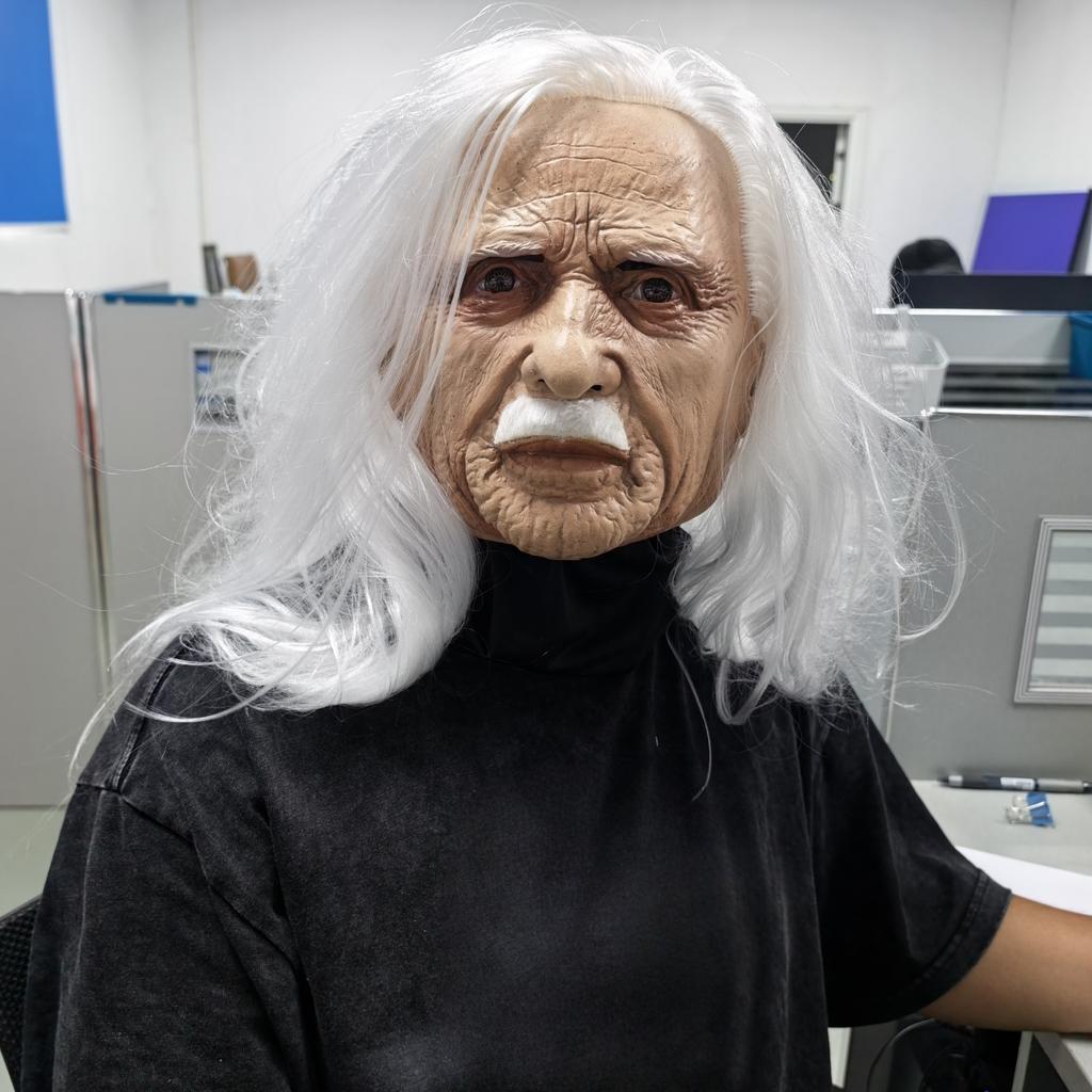 Men's Realistic Full Head Latex Mask with Beard Long White Hair Halloween Costume Party Prop Old Man Cosplay Headgear