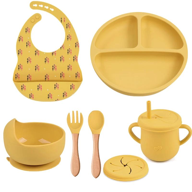 7PCS Baby Solid Silicone Tableware Set with Divided Baby Plates Feeding Bowls Straw Cup and Spoon for Toddler Training BPA Free
