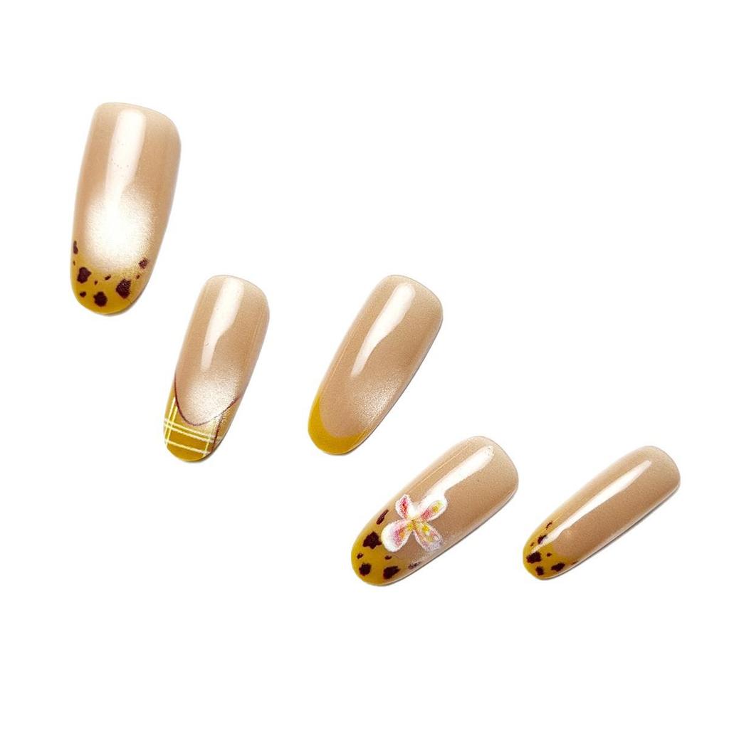 Korean Style Retro Yellow Leopard & Floral Press-On Nails - Sweet Clear Nude Fake Fingernail Stickers