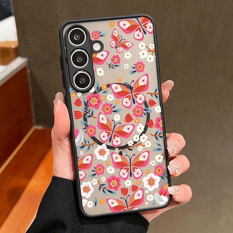 Креативный чехол с узором «Цветы и бабочки» для Samsung Galaxy S26 Ultra S25 Edge S24 Plus S23 S22 S21 FE, магнитный, для Magsafe, матовая крышка