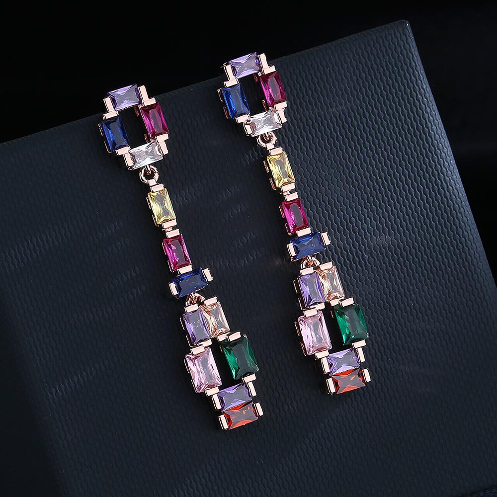 Silver High Definition Contrast Fashion Earrings Super Flash Zircon Earrings Colorful Tourmaline Long Earrings Party Gift