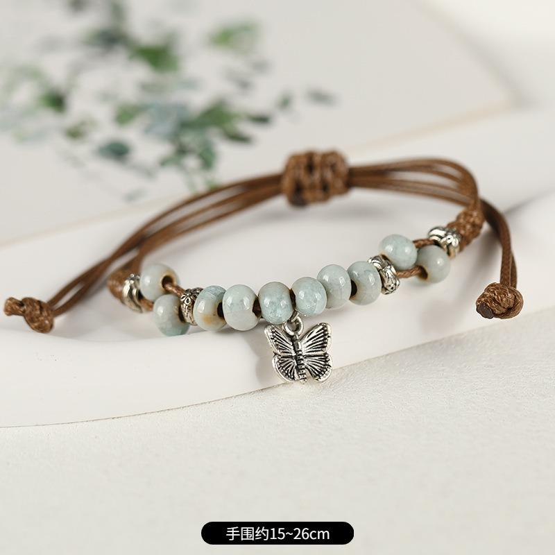 Retro Ceramic Flower Woven Bracelet Niche Literary Hand Rope Small Fresh Bell Bracelet Female