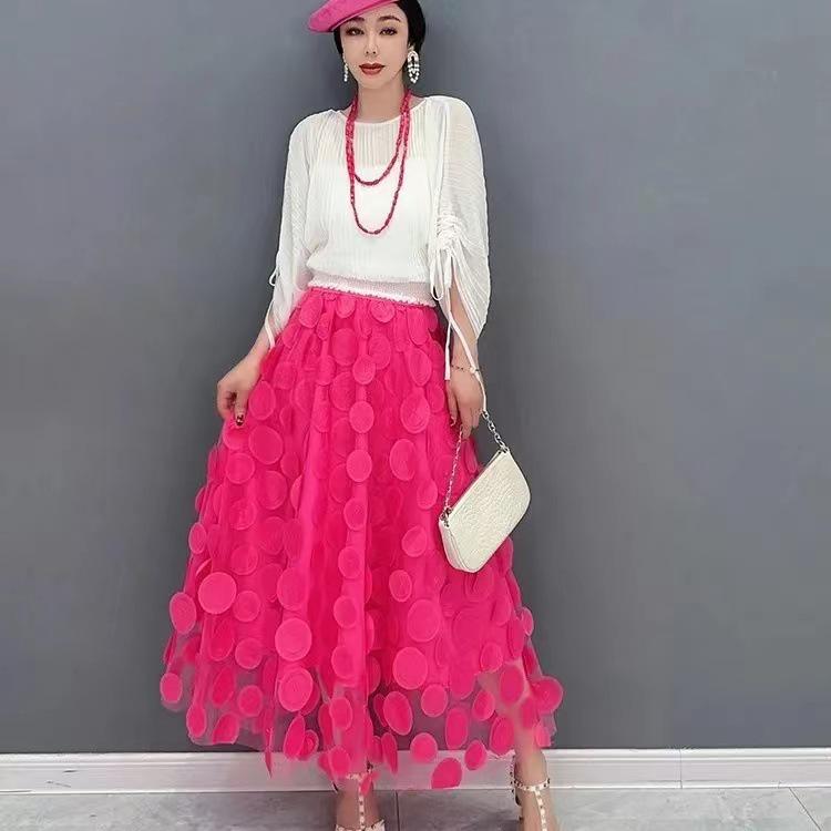 Women's European-Style Black Midi Skirt - 2025 High-End Mesh A-Line Umbrella Design