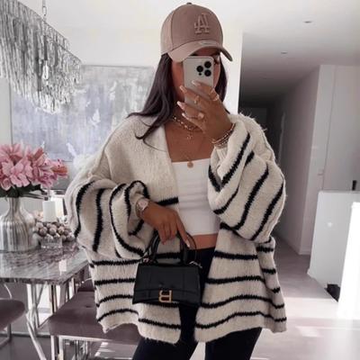 Американская мода Осень и Зима Новый Свитер Женский Свободный Контрастный Полосатый Вязаный Кардиган Куртка