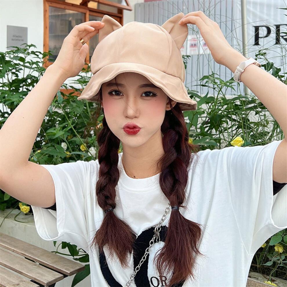 (One Size, Khaki) Women Summer Cat Ear Sun Hat Lightweight Solid Color Sun Protection Fisherman Bucket Hat
