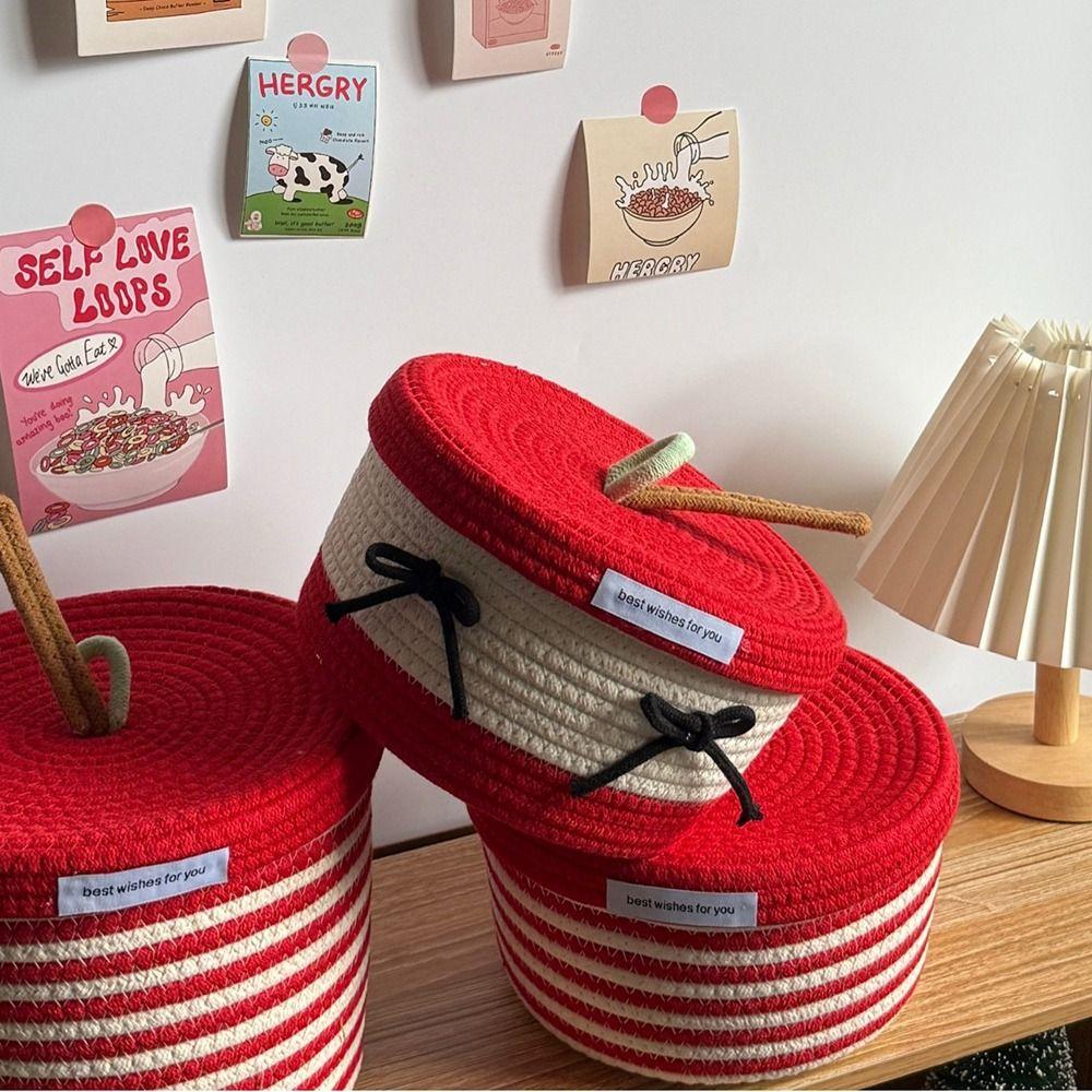 Red White Storage Basket Cotton Tead Woven Handmade Woven Basket Cartoon Design Versatile Function Organizer Basket