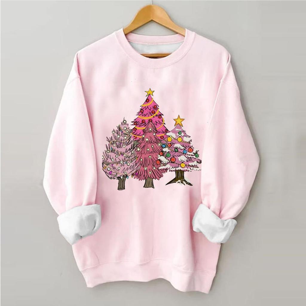 Women's Christmas Tree Printed Fashionable Round-neck Long-sleeved Sweatshirt Top