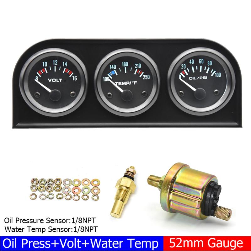 2" 52MM Triple Gauge 3 In 1 Water Temp Gauge Oil Pressure Gauge Oil Temperature Gauge with Sensor 1/8 NPT Voltage for Racing Car