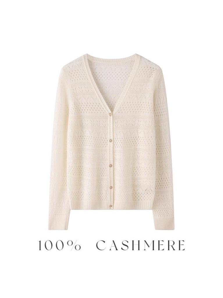 Elegant Women's Cashmere V-neck Cardigan with Hollow Out Design for Autumn/Winter