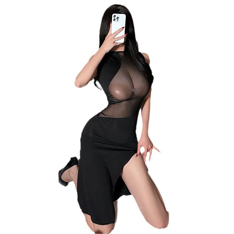 Sexy underwear women's sexy perspective mesh exposed legs dress slim and thin passion tease