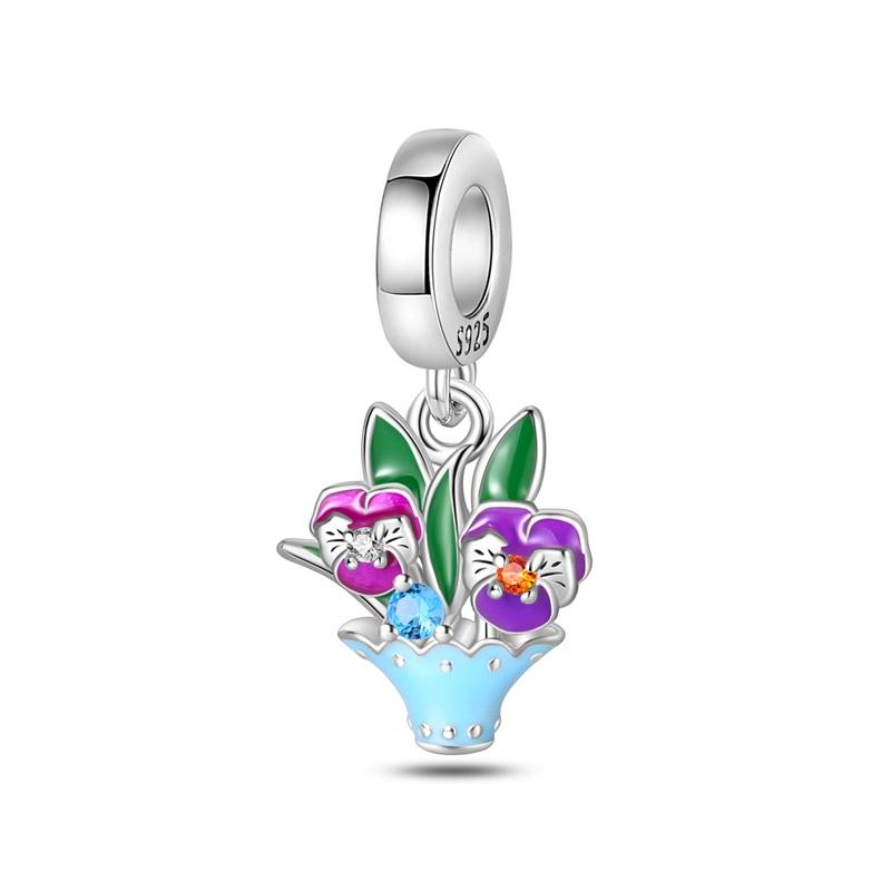 New 925 Sterling Silver Spring Tulip Pansy Flower Charms Bead Fit 925 Original Bracelets Fine DIY Jewelry Birthday Gift