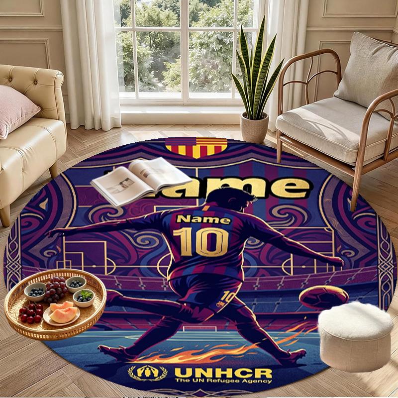 Custom Name Personalized Leo Messi Print Round Rug, Versatile Home Decor Carpet, for Playroom, Apartment, Balcony, Entryway, Hallway Gift