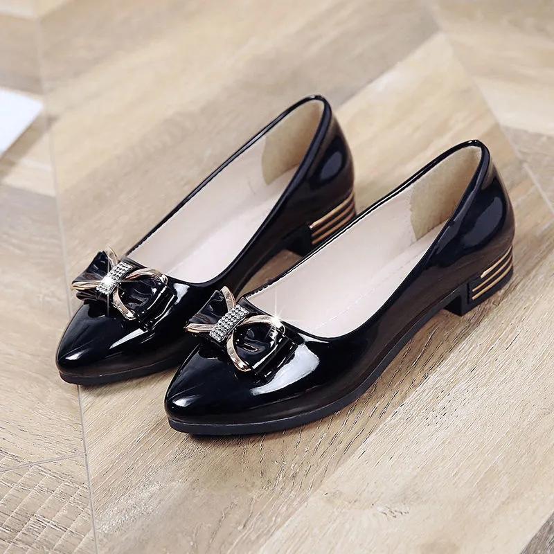 Heel Bow Knot Pumps Low Lacquer Leather Glossy Surface Womens Pointed Toe Shallow Mouth Slipon Simple Casual Commuting Work Shoes