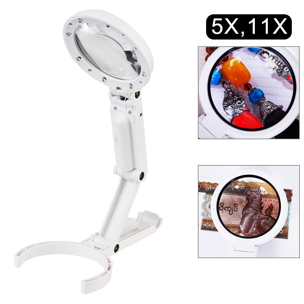 Stand Desk for Jewelry Appraisal Reading Repair with 8 LED Light Portable Hand-held Magnifying Glass Foldable Hand Tool Set 5x 11x