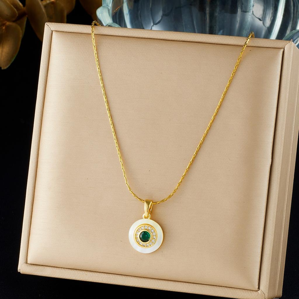 316L Stainless Steel Round Green Zircon Pendant Necklace For Women Lady Fashion New Clavicle Chain Jewelry Accessories Gift