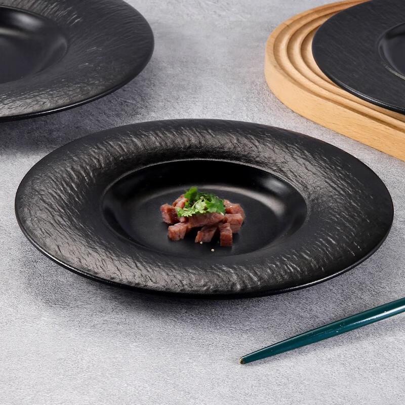 Japanese Melamine Black Round Dinner Plate with Tree Bark Texture