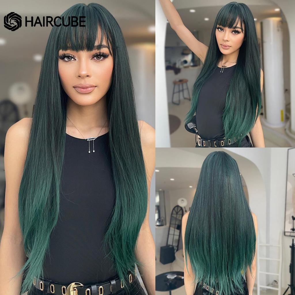 HAIRCUBE Длинные прямые темно-зеленые синтетические парики Косплей волосы с челкой Женские парики Ежедневное использование Термостойкие парики