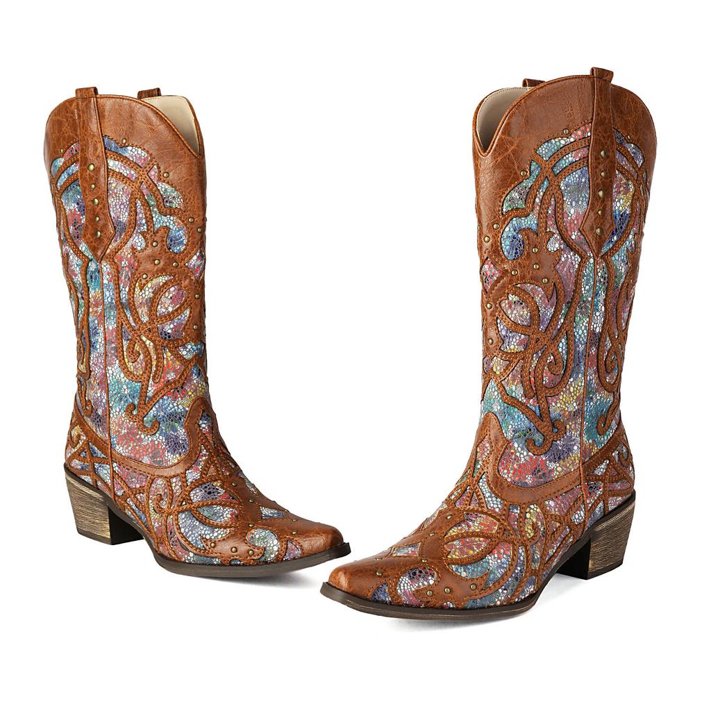 Cowboy Retro Western Boots Women's Hollow Out Mid Calf Boots Cowgirls Handmade Sewing Rivets Decor Heels Shoes