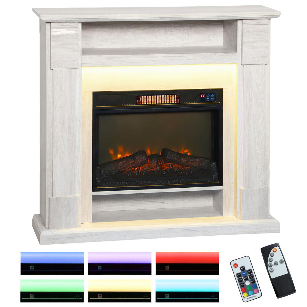 Electric Fireplace 1800W Adjustable with 3D Flame, Shelf, Timer and Remote Control, 105x27x97 cm, Wood color
