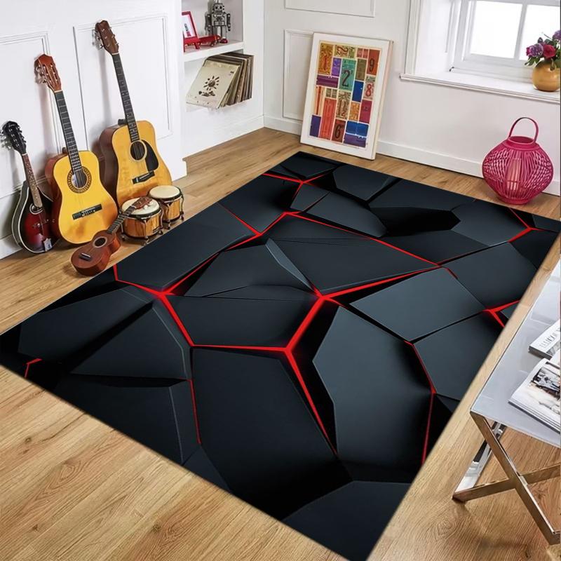 Black Red Geometric Carpet Mat Rug 3D Polygon Crack Pattern Futuristic Edgy Home Decoration Living Room Indoor Bedroom Rug