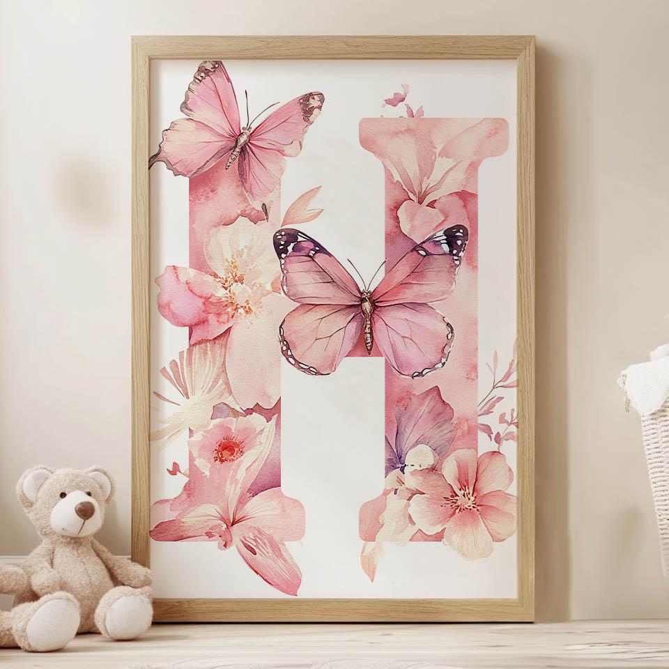 Romantic Letter H With Flowers And Butterflies Poster Romantic Letter H With Flowers And Butterflies Poster, 50X70 Cm, Black Aluminum Frame, 230 Gsm Matte Paper