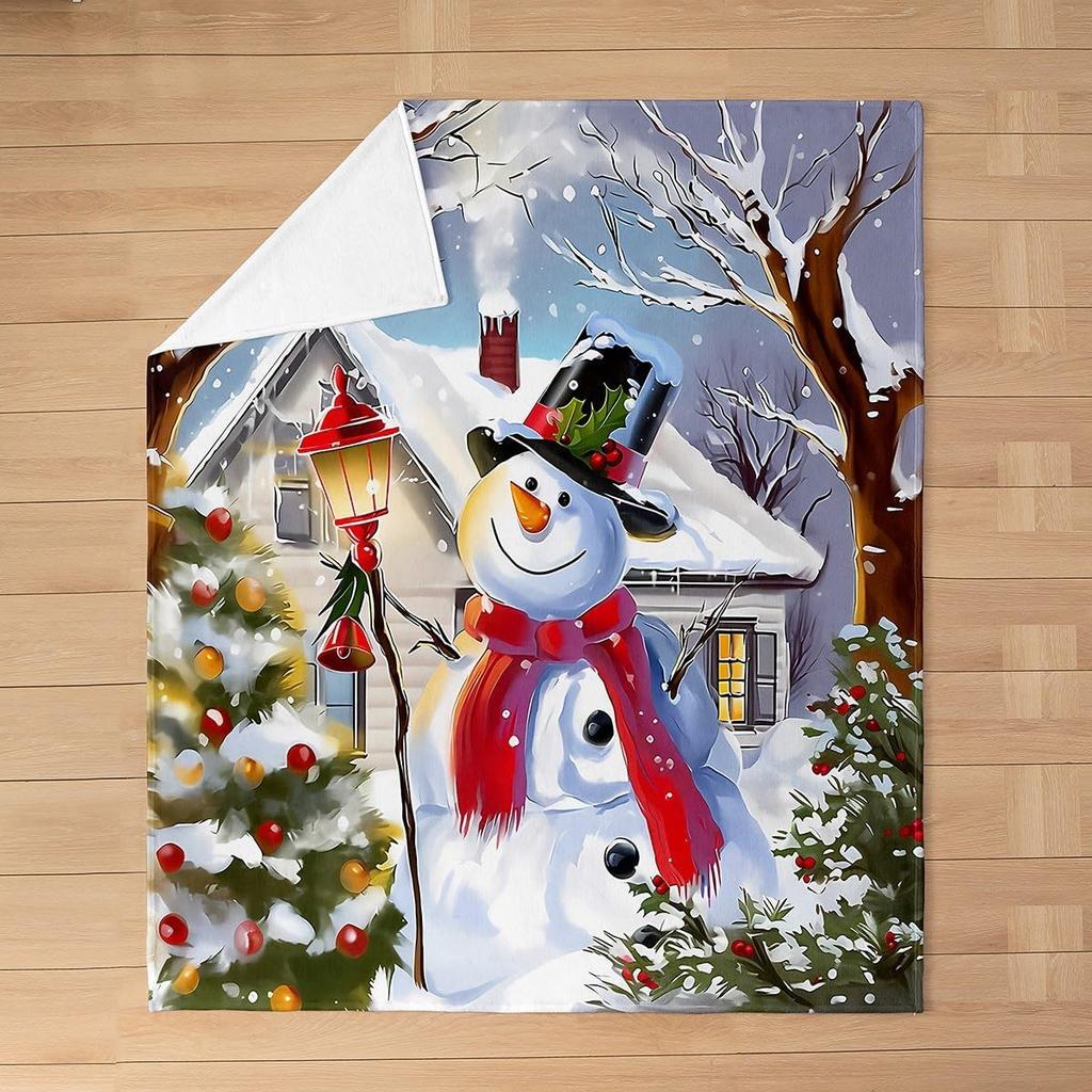 Winter Snowman Throw Blanket Cartoon Farmhouse Rustic Style Flannel Blanket for Kids Teens Adults Watercolor Pine Trees White