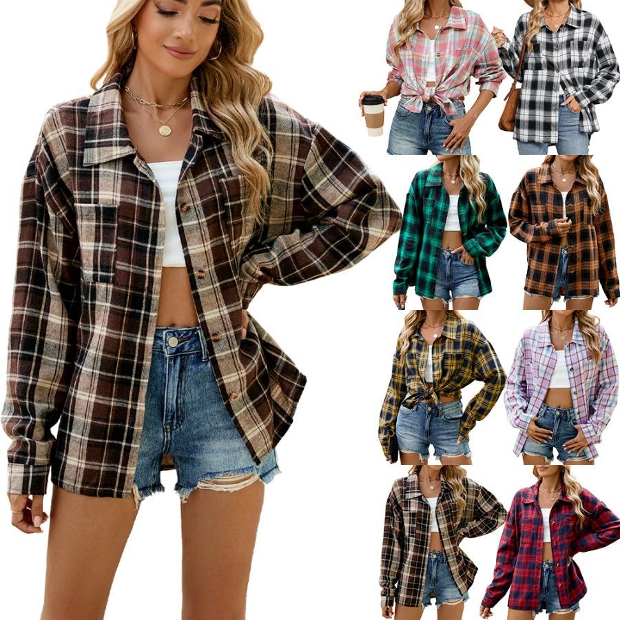 Autumn Winter Thick Long Shirts Lapel Long Sleeve Pocket Button Checkered Shirt Casual Plaid Blouse Jacket Top for Women