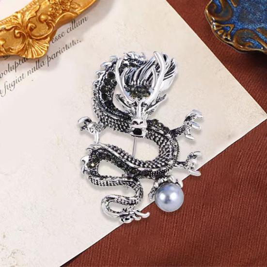 Chinese Style Brooch Men Enamel Dragon Shape Faux Pearl Pin Clothing Coat Badge Jewelry Party Accessories