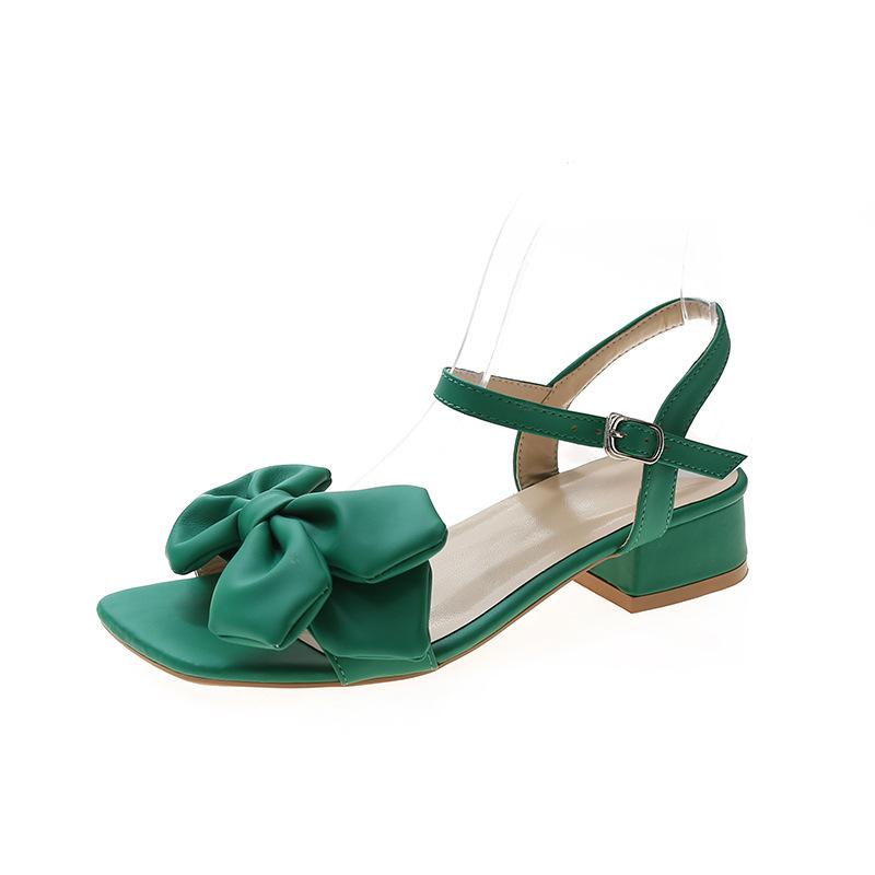 Новые модные босоножки на толстом каблуке с бантом, летние 2025 года, односложная пряжка, босоножки на толстом каблуке среднего размера с открытым носком для женщин
