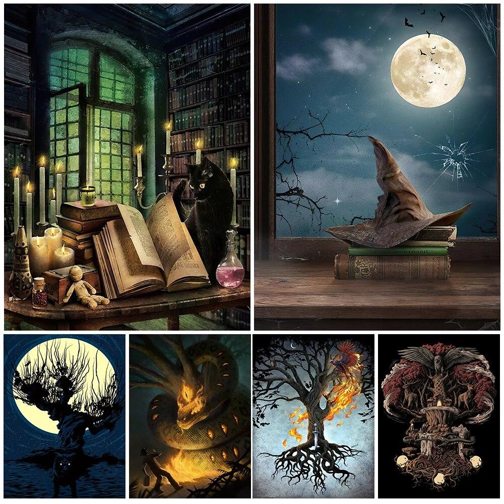 The World Tree And Norse Mythology Vintage Wall Art Canvas Painting Demon Snake And Black Cat Witchcraft Art Poster Print Decor No Frame