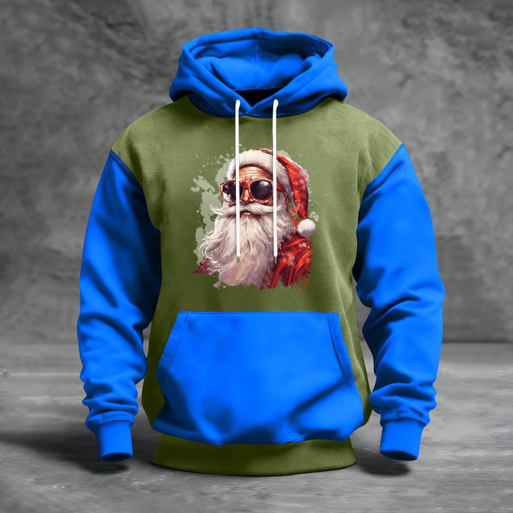 Мужской рождественский свитшот с капюшоном, повседневный, спортивный, удобный, с цветными блоками и принтом