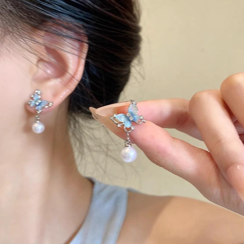 Уникальные серьги-пусеты из серебра 925 пробы с цирконом и жемчугом в виде бабочек для женщин - Высококачественная модная бижутерия