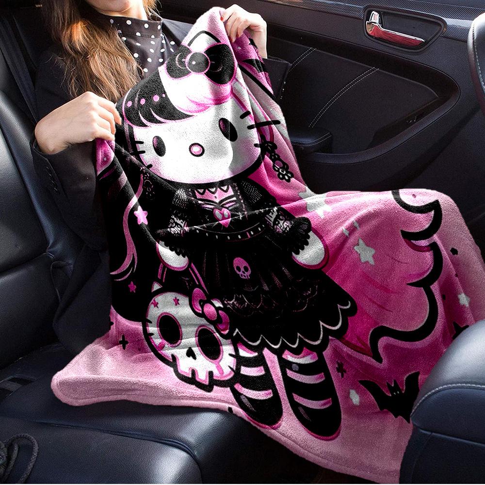 For Gothic, Hello Kitty, HalloweenAnime-Themed Flannel Blanket, Glam Style, Digital Print, All-Season Comfort, Tear-Resistant, Knitted Craft