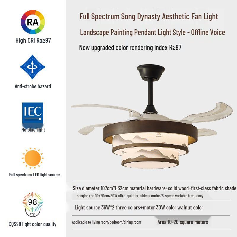 Song Dynasty Mid-Century Retro Solid Wood Invisible Ceiling Fan Light for Bedroom, Living Room, and Restaurant.