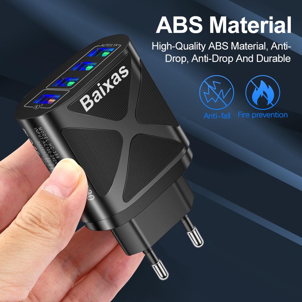 Многопортовое USB-зарядное устройство с быстрой зарядкой QC3.0, 4 порта, 5 В/9 В/12 В, Совместимо со стандартами ЕС/США/Великобритании/Австралии