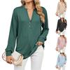 Women's Fashionable Solid Color V-neck Long Sleeved Button Casual Pullover Top