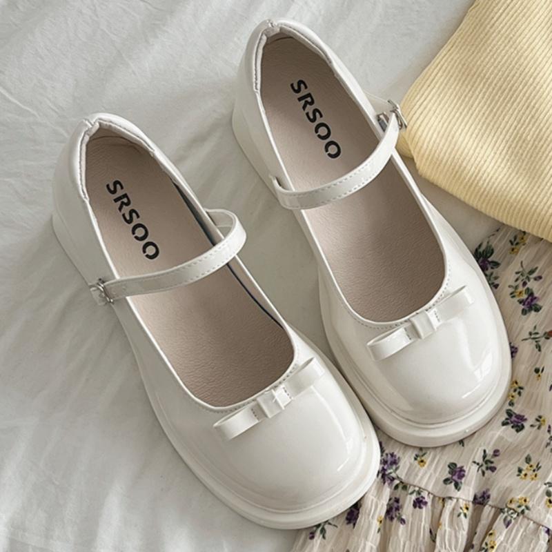 Mary Jane 2025 French High-heels New Bow Leather Shoes Round Toe British Style Women's Shoes Fashion Comfortable Buckle Pumps