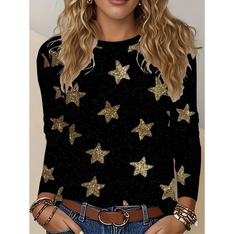 Sparkling gold star printed long-sleeved top women's comfortable round neck casual T-shirt