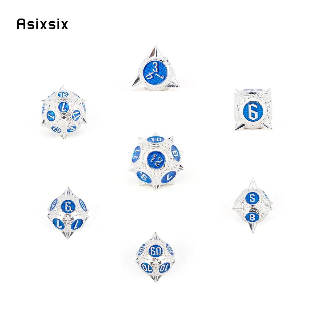 7 Pcs White Blue Meteor Hammer Metal Dice Solid Metal Polyhedral Dice Set Suitable for Role-Playing RPG Board Game Card Game