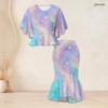 Women Plus Size Black Green Gold Round Neck Printed Batwing Sleeve Ruffle Top Fishtail Skirt Two Piece Set