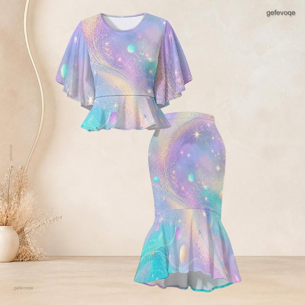 Women Plus Size Black Green Gold Round Neck Printed Batwing Sleeve Ruffle Top Fishtail Skirt Two Piece Set