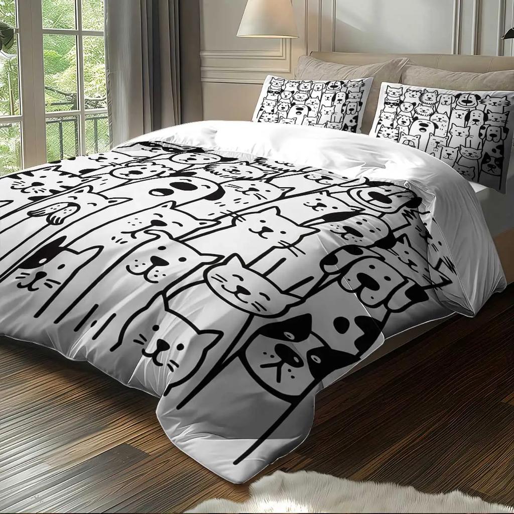 3 шт. 3D Комплект постельного белья с кошками King Size, Мультяшный черно-белый рисунок с кошками и собаками, Комплект пододеяльника для декора спальни