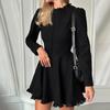 LYRIA Ruffles Stand Collar Dress Women Black Long Sleeve Single Breasted Mini Dresses Ladies New Prom Robes