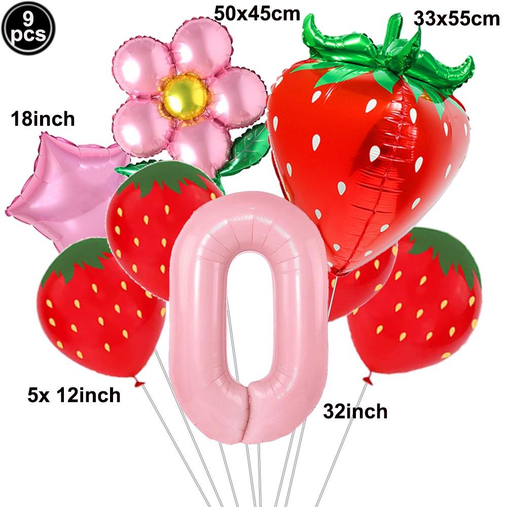 9pcs Strawberry Balloons Kits Birthday Decorations for Girls 32inch 0-9 Number Balloons for Strawberry Birthday Party Decors