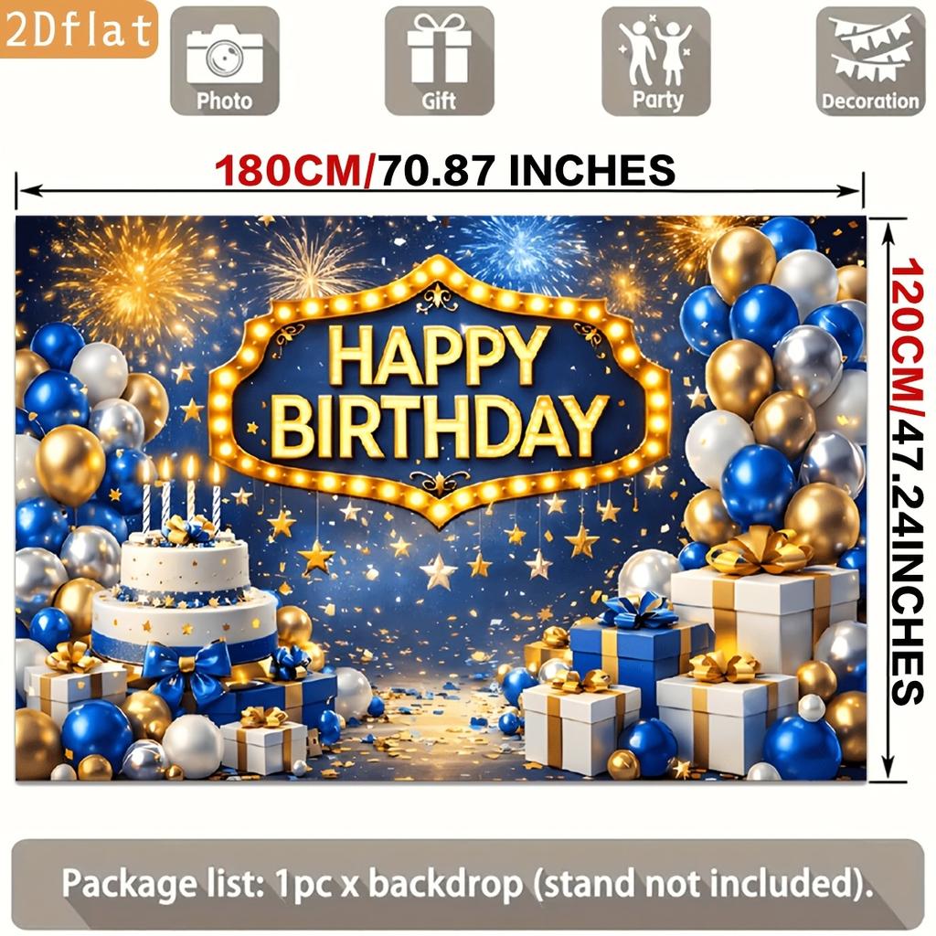 Golden Blue Festive Birthday Celebration with Balloons Gifts Stars Confetti Fireworks Elegant Lighting Sign Polyester Backdrop, for Party