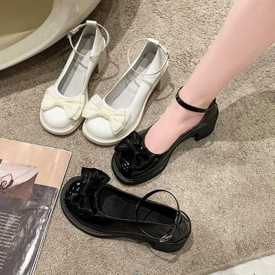 Женские модные кожаные туфли на толстом каблуке с галстуком-бабочкой для девочек, повседневная женская обувь с круглым носком