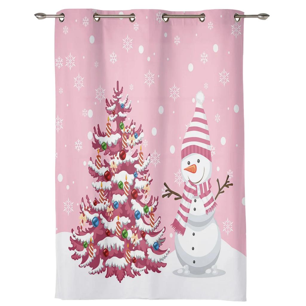 Christmas Tree Snowman Snowflake Pink Window Curtains Decor For Home Bedroom Kitchen Living Room Ornament Xmas Gifts Navidad